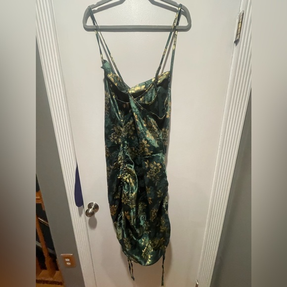 Shein Plus Gold Floral Print Drawstring Crisscross Satin Cami Dress - Picture 4 of 4
